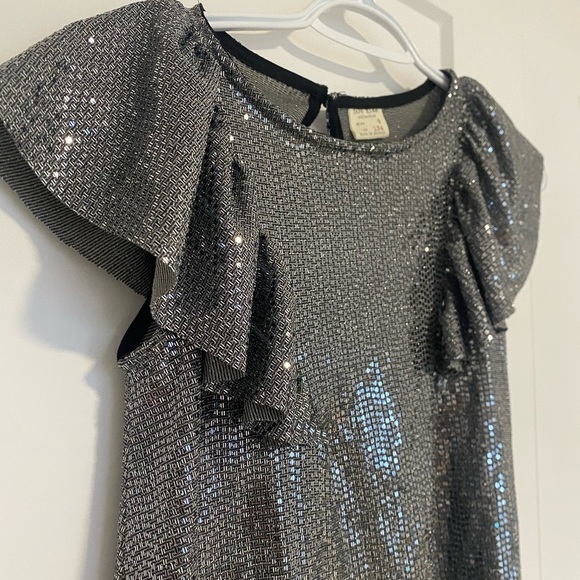 Zara Girls Silver Party Dress sparkly Ruffle Sleeve Kids Size 9 - Picture 3 of 5